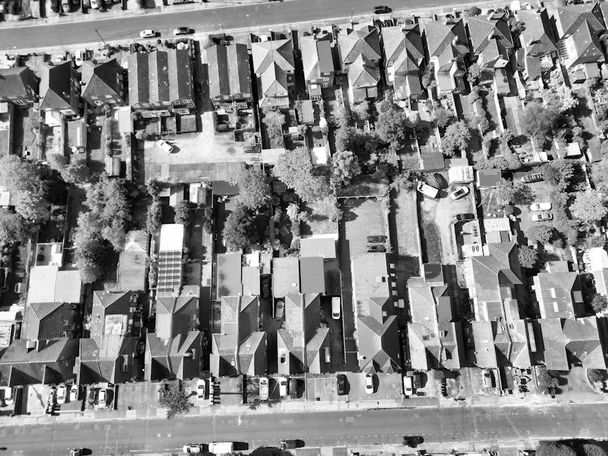 An aerial black and white photograph showing a residential area with a row of terraced houses and individual houses, each with pitched roofs, small gardens, and driveways. Narrow streets run perpendicular to the houses, with parked cars lining the curbs. In the foreground, a section of pavement and a road are visible, with some trees and greenery scattered throughout the neighborhood. The image captures the dense housing layout typical of Lewisham, and reflects the environment where professional removals, such as those provided by Man with Van Hither Green, might involve loading furniture and boxes into vans for home relocation or furniture transport services within the area.